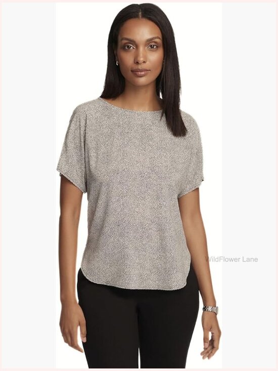Tops - Short Sleeve Printed Blouse, Lightweight Rayon Top, Bateau Neck, Cap Sleeve,